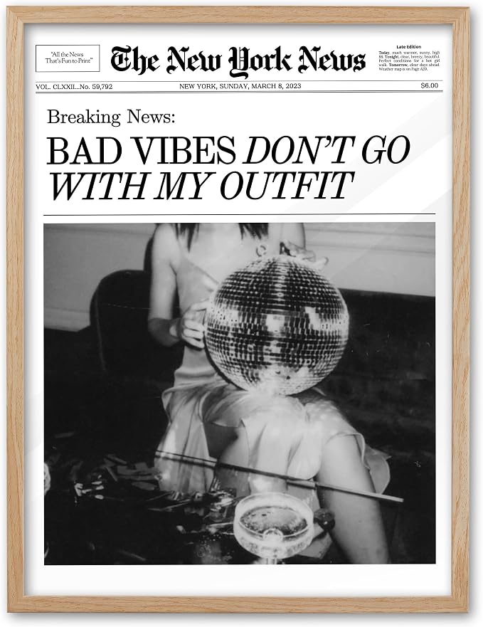 EcoHest 16x20 in Bad Vibes Don't Go With My Outfit Framed Wall Art | Solid Oak Wood Frame, Canvas Wall Art, Disco Fashion Newspaper Wall Decor for Bedroom, Apartment, Dorm, College Room, 1Pack