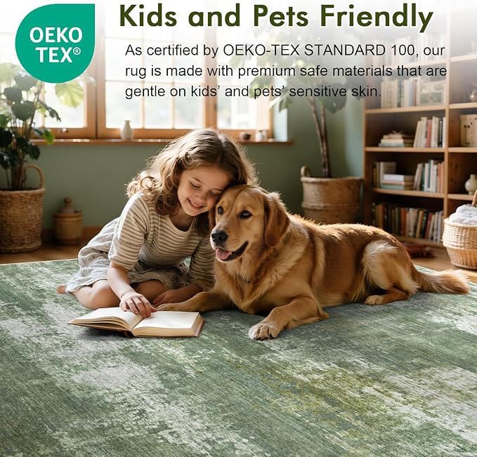 8x10 Ft Large Area Rugs for Living Room, Soft Non-Slip Washable Rugs Modern Abstract Pattern Carpet for Bedroom Indoor Floor Nursery Home Decor (Green/White)