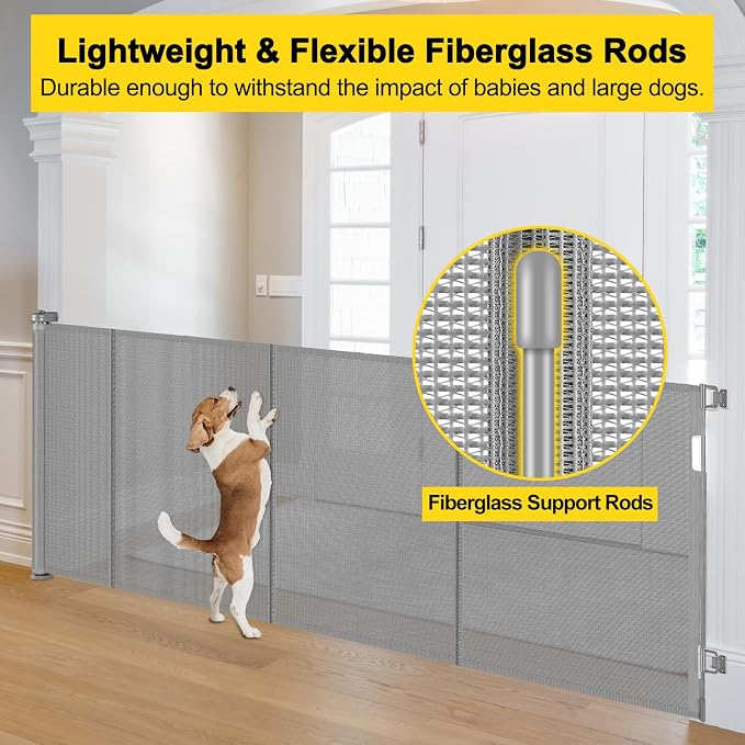 Reinforced 42” Tall x 200” Extra Wide Retractable Gate, Tall Dog Gate with Support Rods, Extra Long Baby Gate for Large Opening Indoor Safety Gate for Doorways Outdoor Garage Gates for Dogs, Gray