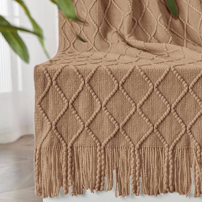 inhand Khaki Knitted Throw Blanket for Couch and Bed, 50"x60" | Soft Cozy Knit Blanket with Tassel, Lightweight Decorative Blankets and Throws, Farmhouse Warm Woven for Men and Women