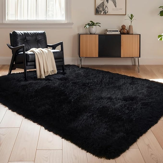 5x7 Thick Black Shag Rug for Bedroom, Soft Plush Fluffy Carpet | Area Rug for Living Room, Kids Nursery, Boys Girls Room, Washable Non Slip Shaggy Carpet