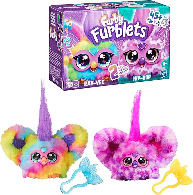 Furby Furblets 2-Pack, Mini Friends Ray-Vee & Hip-Bop, 45+ Sounds Each, Music & Furbish Phrases, Electronic Plush Toys, Rainbow & Pink/Purple, Ages 6+ (Amazon Exclusive)