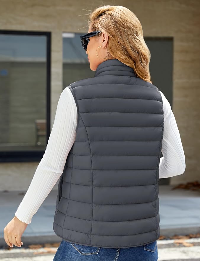 MAGCOMSEN Women's Puffer Vest Lightweight Stand Collar Zip 4 Pockets Puffy Vests Sleeveless Quilted Padded Outerwear