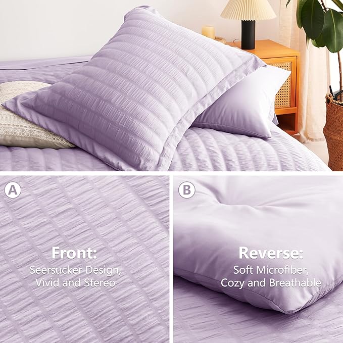 CozyLux Queen Comforter Set Light Purple Seersucker 7 Pieces Bed in a Bag Queen Comforter Set with Sheets, Lavender Luxury Bedding Sets with Down Alternative Comforter, Sheets, Pillowcases & Shams