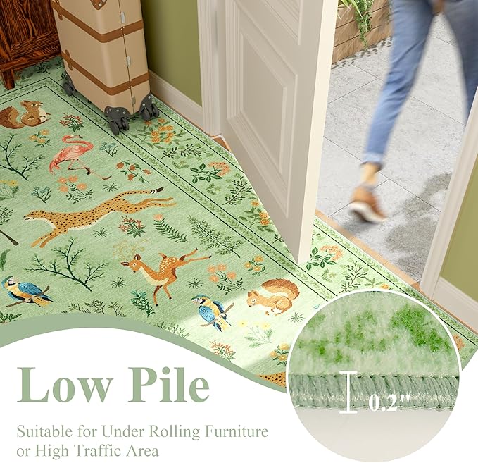 DUKINO 4x6 Area Rug, Non Slip Animal Washable Living Room Rug, Light Green | Soft, Low Pile, Stain Resistant Indoor Carpet for Bedroom, Dining Room, Nursery, Farmhouse, Pet Friendly, Non-Shedding