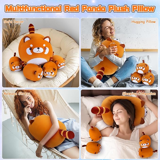 5 PCS Red Panda Plush Toys-Red Panda Plush Stuffed Animal Family, Cute Red Panda Mommy with 4 Baby Red Panda Plushies for Kids, Kawaii Red Panda Anime Plush Toy Birthday Gifts for Kids Boys Girls