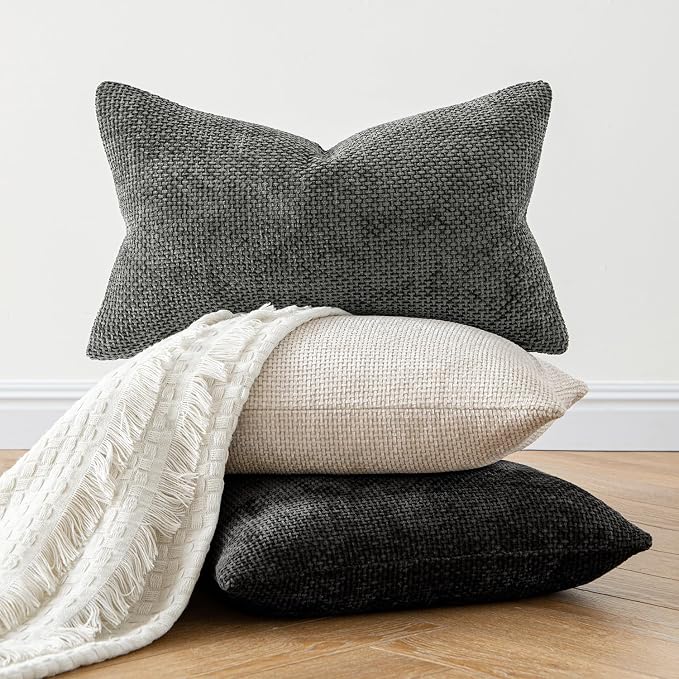 MIULEE Decorative Lumbar Throw Pillow Covers 12x20 in Neutral Beige 2 Pack | Modern Boho Accent, Soft Chenille Pillow Covers, Farmhouse Cushion Cases for Couch Bed Sofa Living Room Home Decor
