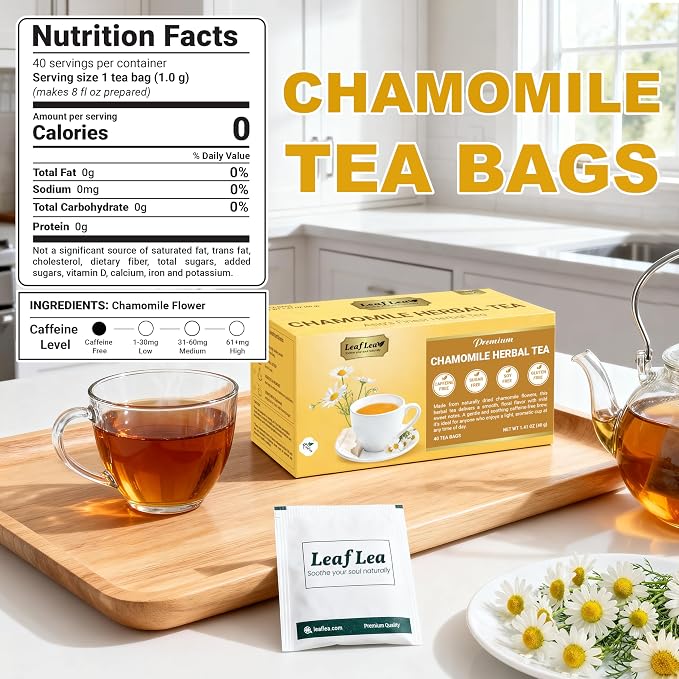 LeafLea Chamomile Herbal Tea Bags, Evening Bedtime Routine, 40 Count | From Chamomile Flowers, Gentle Floral Scent, Clean Smooth Finish, Caffeine-Free, Sugar-Free, Individually Wrapped