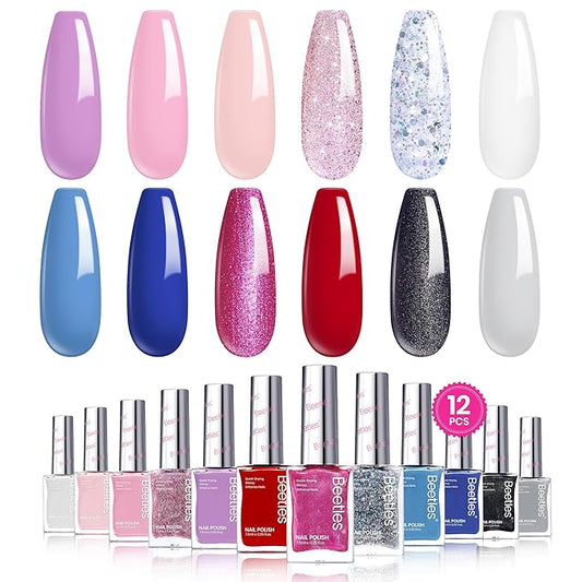 Beetles Nail Polish Set - Quick Dry Nail Polish Kit 12 Colors Pink Glitter Green Blue Yellow Red Regular Air Dry Fingernail Polish Pack for Women Spring Gift Beetles Colorful Canvas 12 Colors