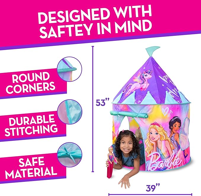 Barbie Pop Up Castle - Dreamtopia Pink Princess Play Tent for Kids | Folds Into Carrying Case - Sunny Days Entertainment