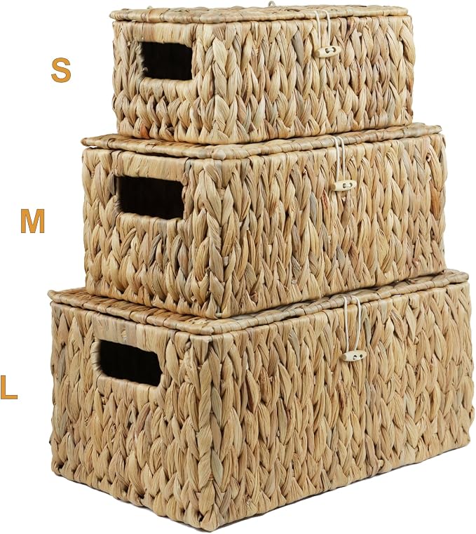 ORDELITE Water Hyacinth Wicker Storage Basket with Lid, Small | Decorative Box, Built-In Handles, Baskets for Organizing, Shelf Organizer Bin, Rectangular Woven Design, 10.2 x 6.3 x 3.9