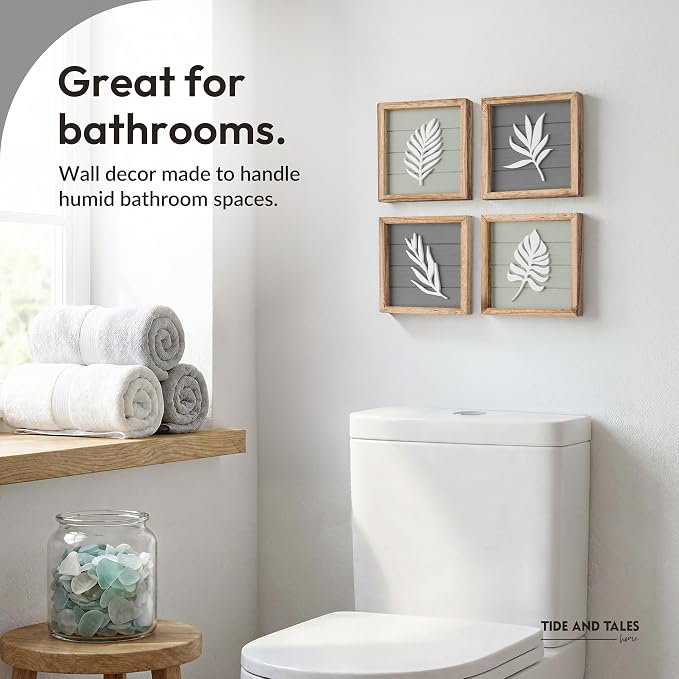 Tide and Tales 3d Framed Wall Art, Set of 4, Farmhouse Wall Decor | 7" x 7", Lightweight Wood, Bathroom Wall Decor, Botanical Leaf Pictures for Bedroom, Office or Living Room, Hardware Included
