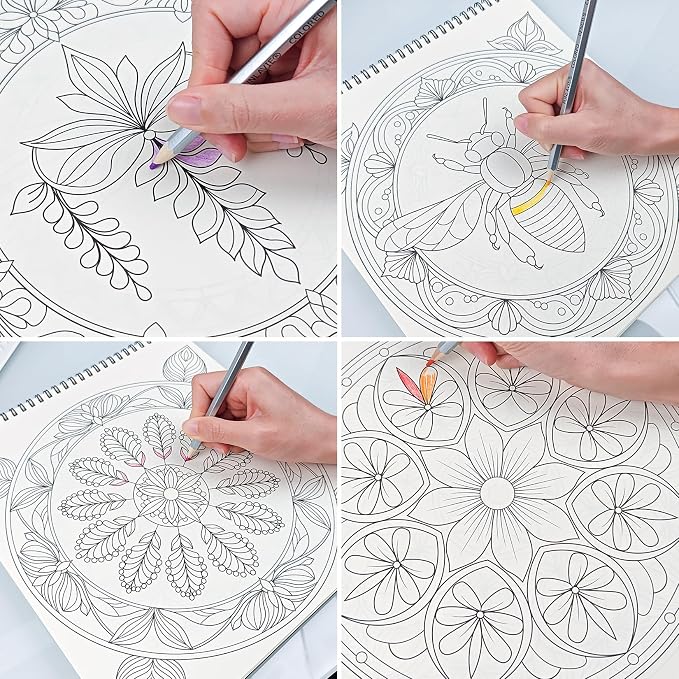FUNLAVIE Adult Coloring Book - Mandala Coloring Books for Adults Relaxation and Teens Stress Relief, Featuring Large Print Mandalas Insect & Bloom Patterns for Women Mindfulness, Spiral Bound