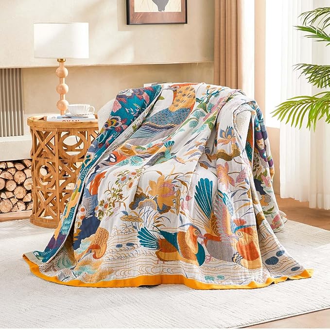 XIBLC Fall Throw Blanket for Couch, Yellow Boho Decorative Throw Blanket, 100% Cotton Muslin Breathable Woven Farmhouse Blankets Quilt, 60"x80" Reversible Lightweight Blankets Bohemian Throw Quilt
