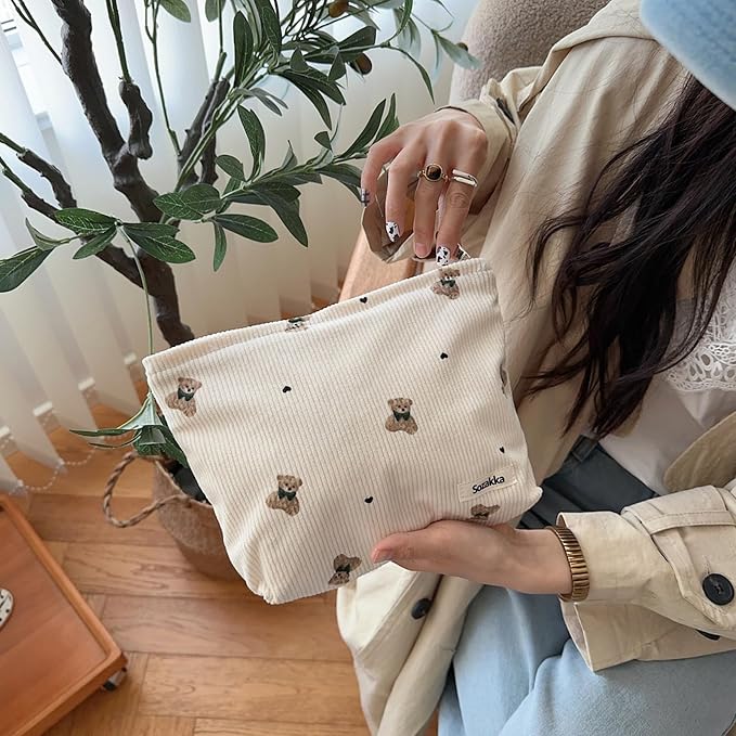 uekeboag 2Pcs Cute Small Soft Corduroy Zipper Makeup Bag for Purse, Coquette Aesthetic Pouch with Bear Pattern for Women Girls, Kawaii Travel Cosmetic Bags（Beige Set）