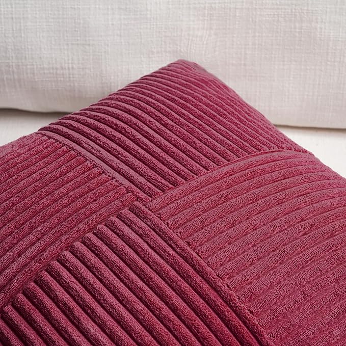 Fancy Homi 2 Packs Burgundy Lumbar Decorative Throw Pillow Covers 12x20 Inch for Living Room Couch Bed, Christmas Boho Home Decor, Soft Striped Corduroy Rectangle Accent Cushion Case 30x50 cm