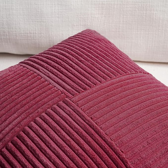 Fancy Homi 2 Packs Burgundy Samll Decorative Throw Pillow Covers 12x12 Inch with for Living Room Couch Bed, Rustic Farmhouse Boho Home Decor, Soft Corss Patchwork Corduroy Square Cushion Case 30x30 cm