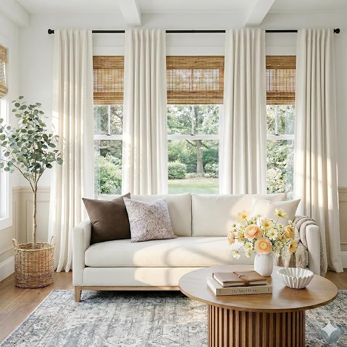100% Blackout Shield Linen Blackout Curtains for Bedroom 96 Inches Long, Back Tab/Rod Pocket Living Room Drapes, Thermal Insulated Blackout Curtains 2 Panels Set, 50" W x 96" L, Beige White