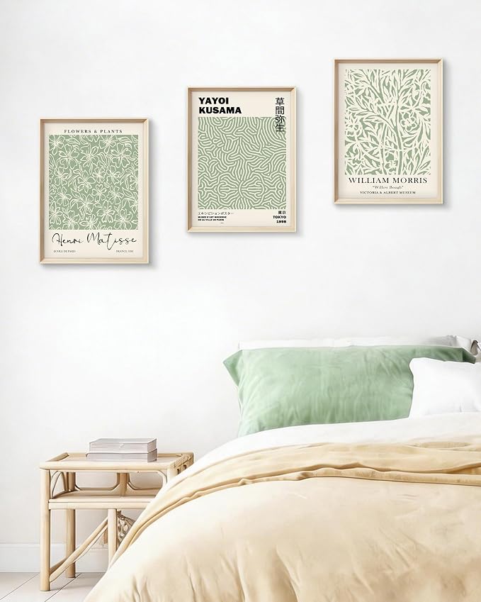 HesenDot Framed Wall Art Set of 3, Sage Green Botanical Wall Decor | 12x16IN High Framed Design Canvas Prints, Matisse Inspired Minimalist Art for Living Room Bedroom Bathroom