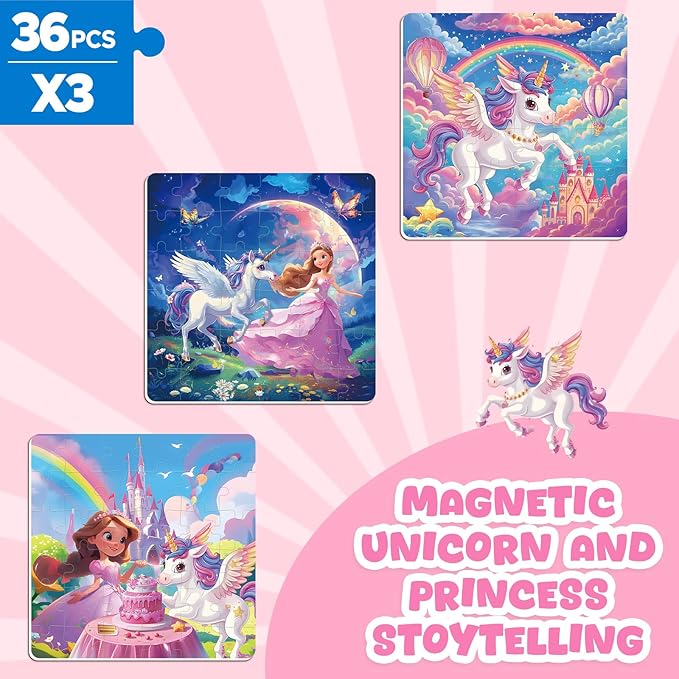Magnetic Jigsaw Puzzles for Toddlers Kids 3-8 Girls,(3 36-Pieces) Travel Puzzles Toys for Kids Ages 4-6,Take-Along Car Airplane Road Trip Activities Game for 3 4 5 6 7 8 Year Old Birthday Gift