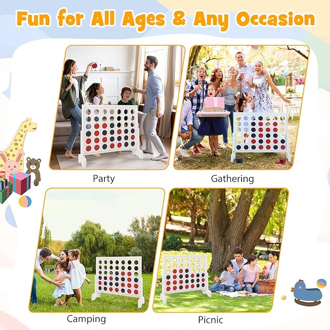 Costzon Giant 4-in-a-Row Game Set, Wooden Jumbo 4-to-Score Game with 42 PCS Chips & 600D Oxford Fabric Carrying Bag, Indoor Outdoor Line-up-4 Game for Kids & Adults, Ideal for Camping (White)