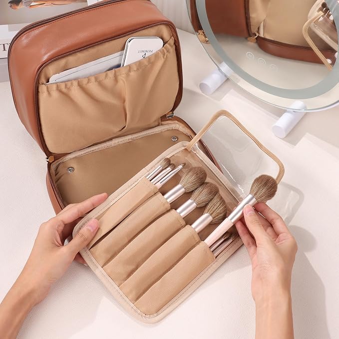 Pocmimut Clear Makeup Bags,Small Makeup Pouch with Large Cosmetic Bag Toiletry Bag Car Accessories Storage for Women Men,Travel Essentials Organizers,Brown