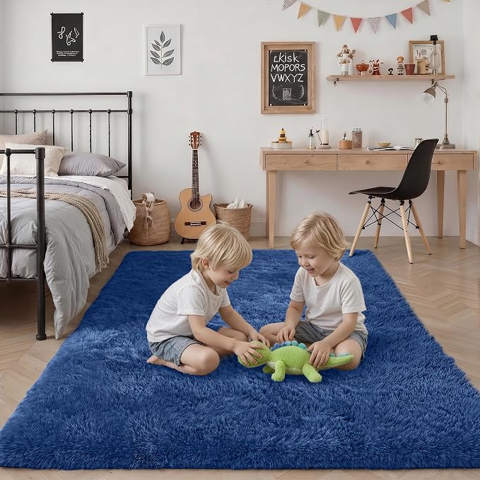 Fluffy 5x7 Area Rugs for Living Room Bedroom: Ultra Soft Shag Rug Non-Slip Non-Shedding Small Plush Bedside Rug Indoor Floor Carpets for Kids Room Playroom Entryway Nursery Dorms Home Decor Blue