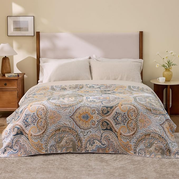 100% Cotton Boho Throw Blanket for Home Decor – Classic Farmhouse Quilt Bedding, Muslin Blankets for Adults, Vintage Woven Decorative Blanket for Couch, Bed Layering Use, Paisley Pattern, 90"x90"
