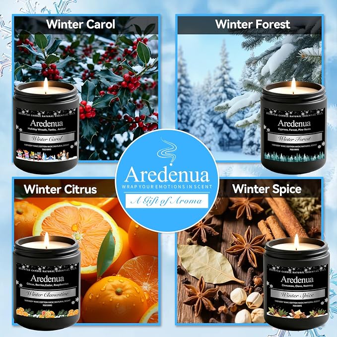 Winter Candles Set – 4 Pack Holiday Scented Candles, 28oz Soy Candle for Home Scented, Cozy Scents of Winter Carol/Spice/Clementine/Forest - Holiday Candle Gifts for Women Men