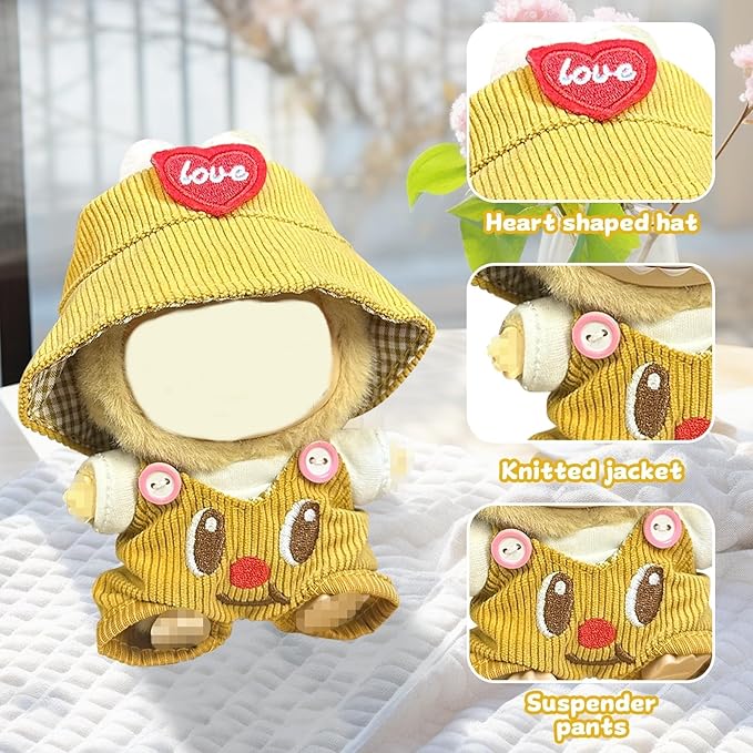 Clothes for LABUBU, Hat & Overalls Set for 17/15cm Accessories Suit, Cute Clothes for Dress up Unique Style (Butter Bear)