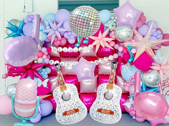 7Pcs Pink Purple Music Note Balloons for Singer Fans Party Decoration/Tayl Singer Birthday Decor/Korean Idol Demon Hunters Concert Balloon/Iridescent Disco Ball Foil Balloons/Popular Singer Supplies