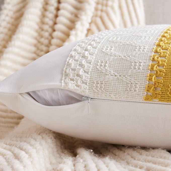 2pk Boho Pillow Covers 16x16, Natural White/Contrast/Mustard Yellow | 100% Organic Cotton Body, Stripe Embroidery, Farmhouse Decorative Cushion Covers for Sofa Bed Living Room Home Decor