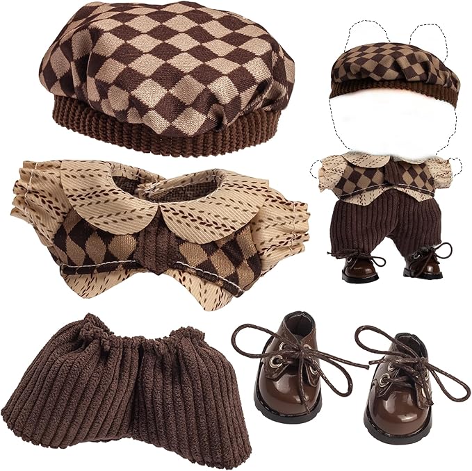 4-Piece Doll Clothes Set – Compatible with 5.9–6.7 inch (15–17cm) Dolls – Outfit with Hat, Shirt, Shorts & PVC Shoes – Accessories Only (Chestnut Brown)