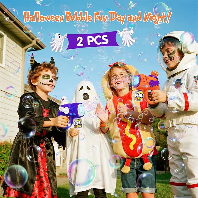 2 Halloween Bubble Gun Toys - Light-Up Bubble Machine for Kids Toddlers with 10 Refill Packs Ghost & Pumpkin, Fun Fall Gifts Party Favors Boo Basket Stuffers for Boys Girls 3 4 5 6 7 8 9 + Year Old