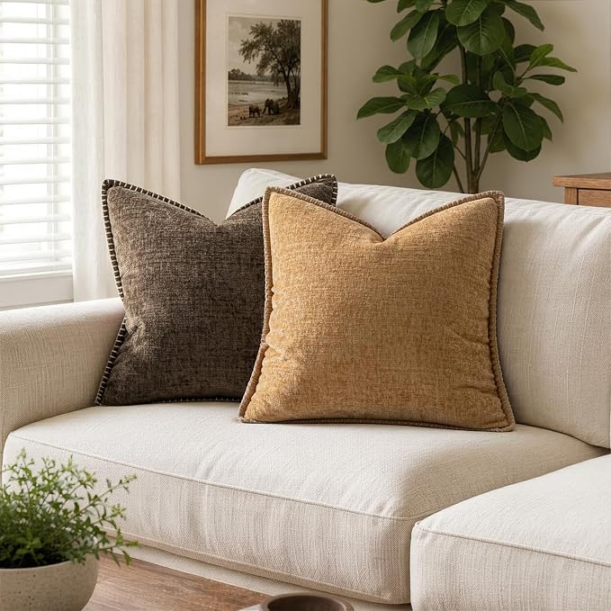 MIULEE Decorative Couch Throw Pillow Covers 18x18 Inch Apricot Brown 2 Pack | Farmhouse Pillow Covers with Stitched Edge, Soft Chenille Cushion Cases, for Sofa Bed Living Room Home Decor
