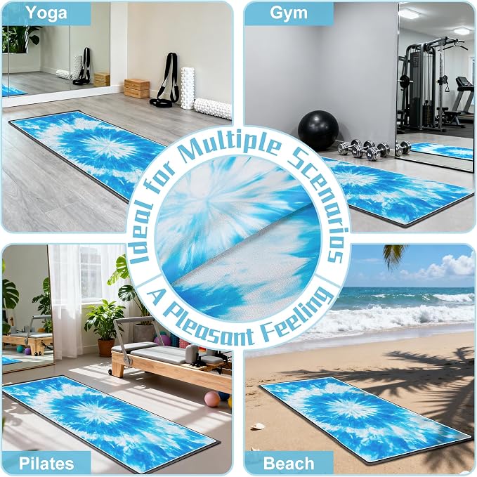 Yoga Mat Towel, Hot Yoga Towel High-Definition Pattern, Machine Washable with Ultra-Absorbent Yoga Towels for Hot Yoga Non Slip for Fitness, Exercise, Pilates, 72 x 27 in,Blue & White