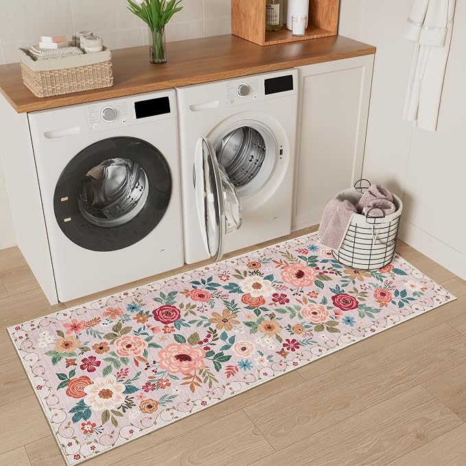 DUKINO 2x5 Runner Rug, Floral Washable Rug for Kitchen Non Slip, Beige | Low Pile, Soft, Stain Resistant Indoor Rug Runner for Entryway, Hallway, Bedroom, Bathroom, Laundry, Pet Friendly, Home Decor