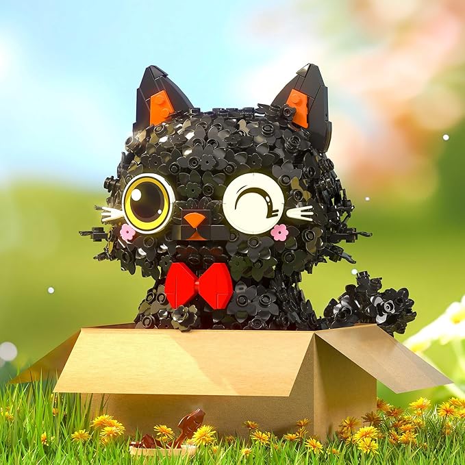 Black Cat Mini Brick Set | Creative Flower Blossom Puss Building Toy for Adults & Kids | Cute Animal Model Desk Decoration Gift (1651pcs)