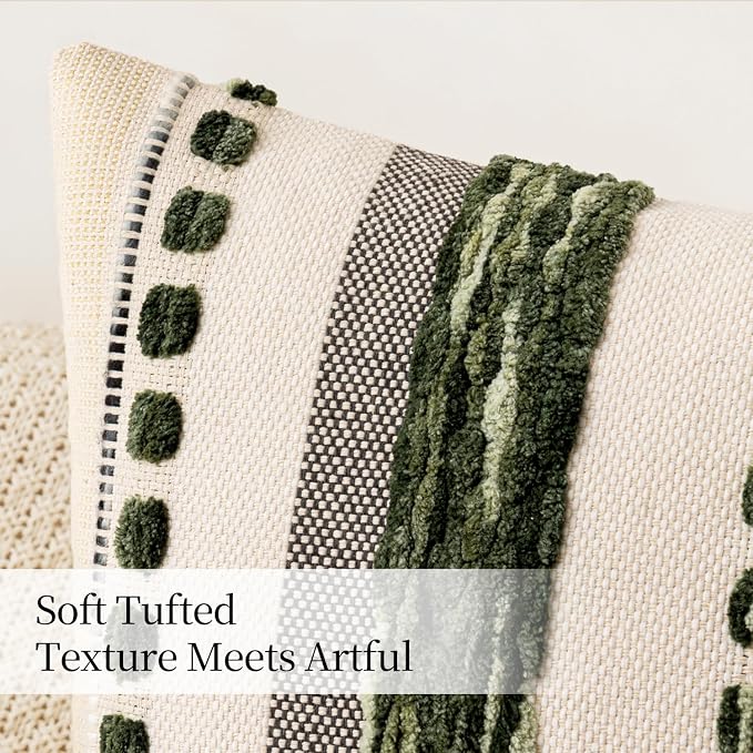 ANRODUO Boho Decorative Pillow Covers 18x18 Dark Green Stripe Pack of 2 | Throw Pillow Covers, Farmhouse Cushion Case, Chenille Pillow Cases, Pillow Covers, Accent Neutral Pillowcase for Sofa Couch
