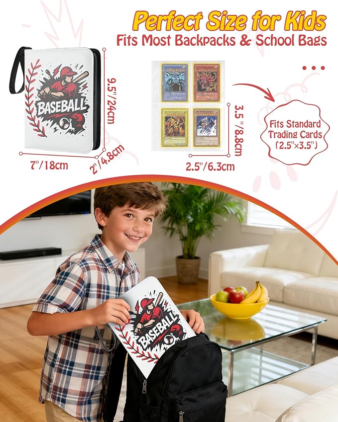 Best baseball card binder 4-Pocket holds 480 cards, 120 pages side-loading, PU leather zip waterproof cover, acid-free pages, for home storage & card shows, baseball cars binder, gift kids boys girls!