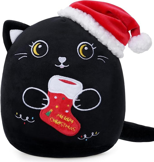 Christmas Cat Stuffed Animal: 8-Inch Cute Black Cat Plush Toy with Santa Hat and Christmas Stocking Soft Plushies Pillow, Holiday Birthday Decoration Gifts for Kids Girls & Boys (8-Inch)