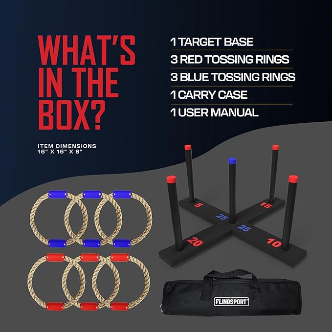 FLINGSPORT Ring Toss Game, Incl. 6 Rings, Case, Gifts for Kids, Outdoor Yard Games for Kids Adults & Family, Backyard Party Activities, Gifts for Teens, Boys & Girls Ages 8-12+ Years Old