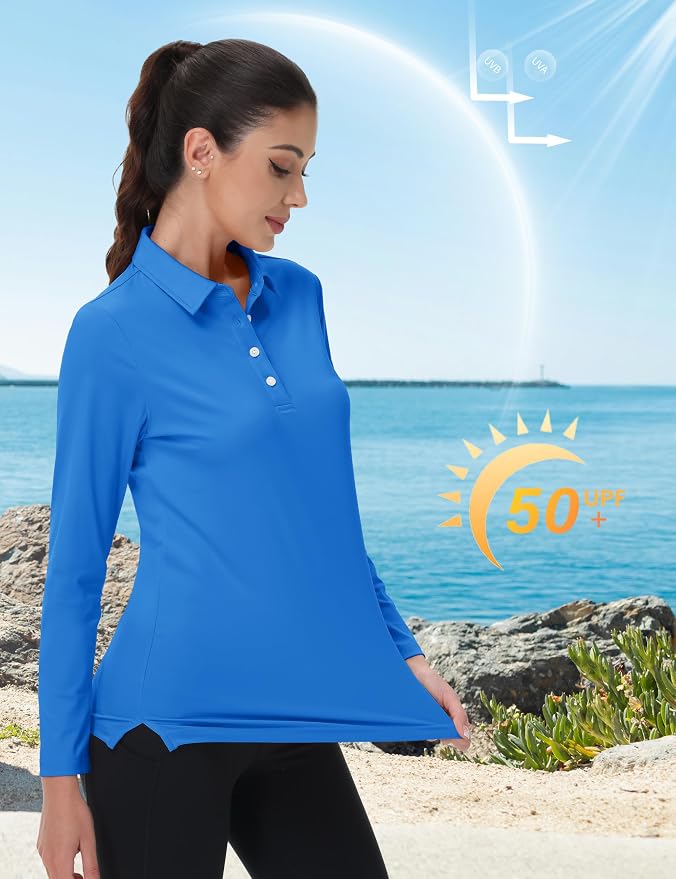 MAGCOMSEN Long Sleeve Polo Shirts for Women Golf Tops with Collar Work | UPF 50+ Sun Protection, 4 Buttons, Moisture Wicking, Breathable, 4-Way Stretch, Collared, Quick Dry, Active, Casual, Tennis