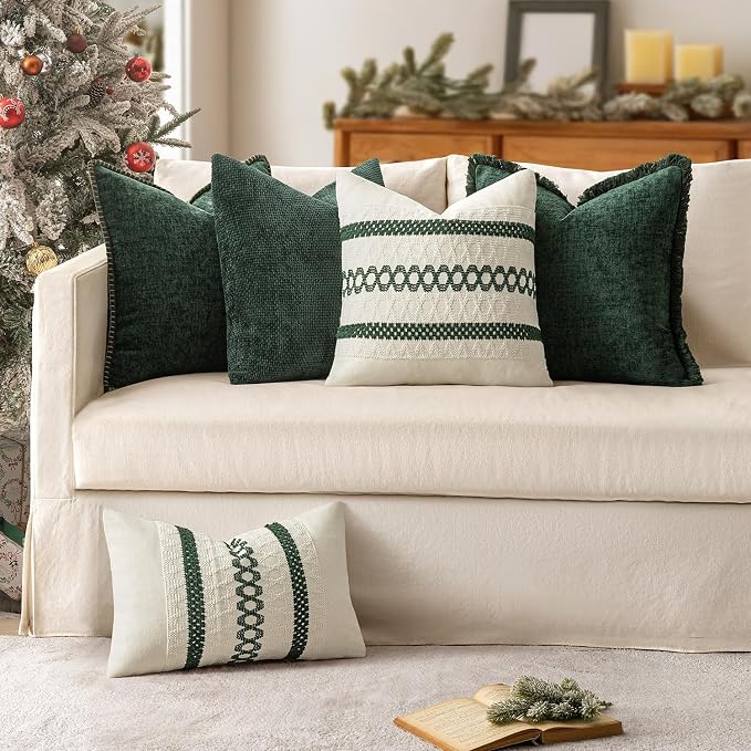 MIULEE Set of 2 Dark Green Boho Decorative Lumbar Pillow Covers 12x20 Inch | Farmhouse Couch Throw Pillows, Modern Cotton Cushion Cover, Macrame Woven Home Decor for Bed Sofa Chair