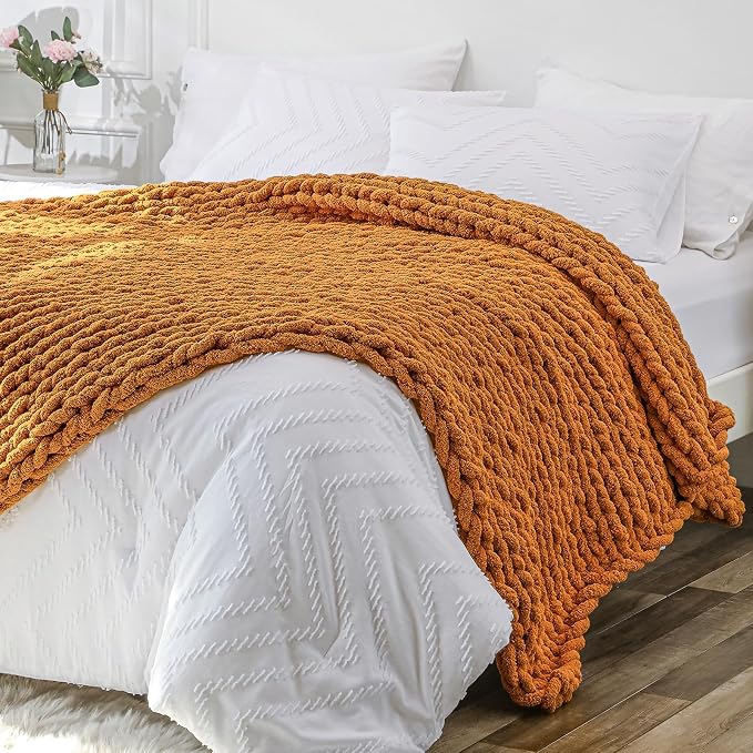 Bigacogo Chunky Knit Throw Blanket for Couch, 40x80 inches, Burnt Orange | Hand Knit with Jumbo Chenille, Soft Breathable Cable Knit for Sofa Bed Living Room, Machine Washable, Gift for Mom Friend