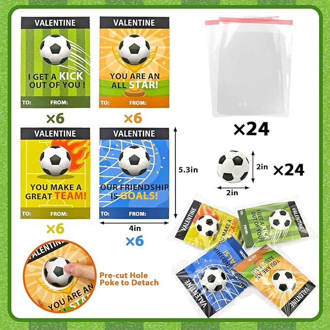 Soccer Valentines Day Cards Gifts for Kids School,24 Pack Mini Foam Sports Soccer Toys W/ Class Exchange Cards for Boys Girls,Valentine Goodie Bag Stuffers Classroom Games Favors Prizes for Toddlers