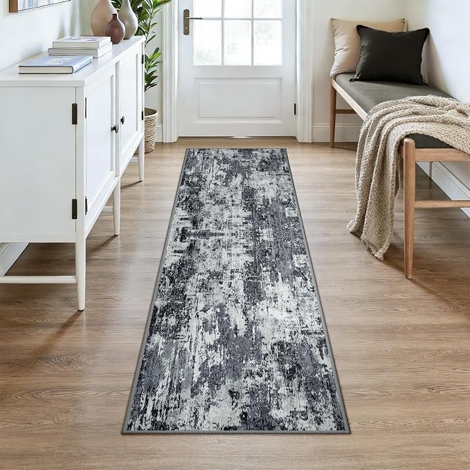 RELEANY Washable Runner 2'x7' Abstract Area Rug for Hallway Black White | carpet for kitchen, entryway, bathroom, living room, bedroom, printed pattern, non-slip, soft, stain-resistant, easy to clean