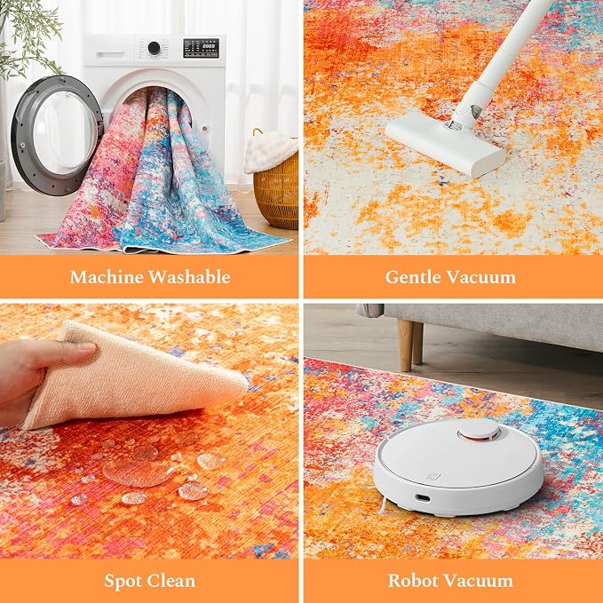 Rugflix Round Area Rugs 8Ft for Living Room, Washable Colorful Circle Rug | Machine Washable; Stain-Resistant; Low Pile; Non-Slip; Modern Abstract; Carpet for Bedroom Dining Office Nursery Home