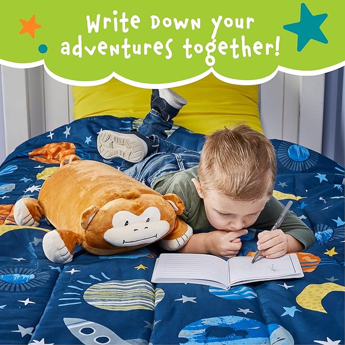 Cuddly Memory Foam Pillow Plush with Belly Pocket, Kids Pillow for Hugging Sleeping & Storing Diary, 15” Stuffed Animal & Journal Set - Jesi The Monkey