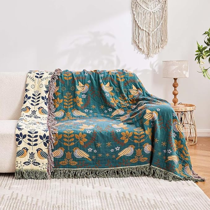 XIBLC Boho Throw Blanket, 100% Cotton Ultra Soft Luxury Throw Rustic Quilt, 80"x90" Floral Printed Farmhouse Decor Bed Summer Blankets, All Season Rustic Reversible Bohemian Throw for Bed - Blue